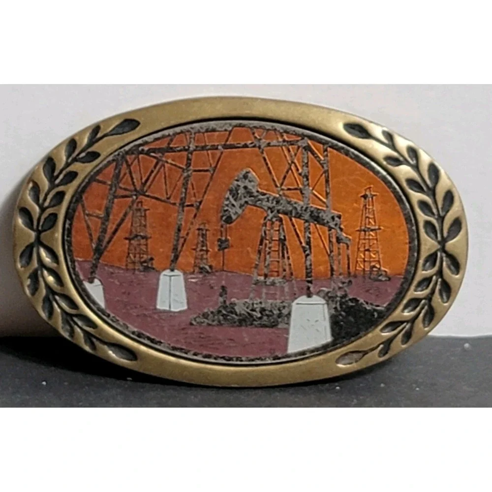 Vtg 1980 Belt Buckle‎ Oil Field Solid Brass Aminco Heritage Buckles Enamel Inlay